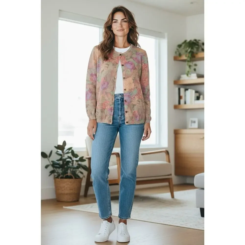 CLAUDIO FERRETTI vintage floral knit cardigan sweater size M Wool & Lana Italy